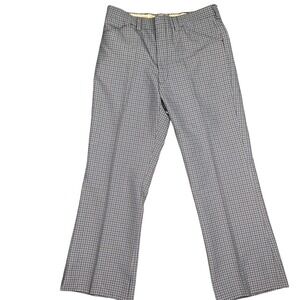 Vintage Trousers Mens 32W 29L Blue Tan Micro Check Plaid Flat Front High Rise